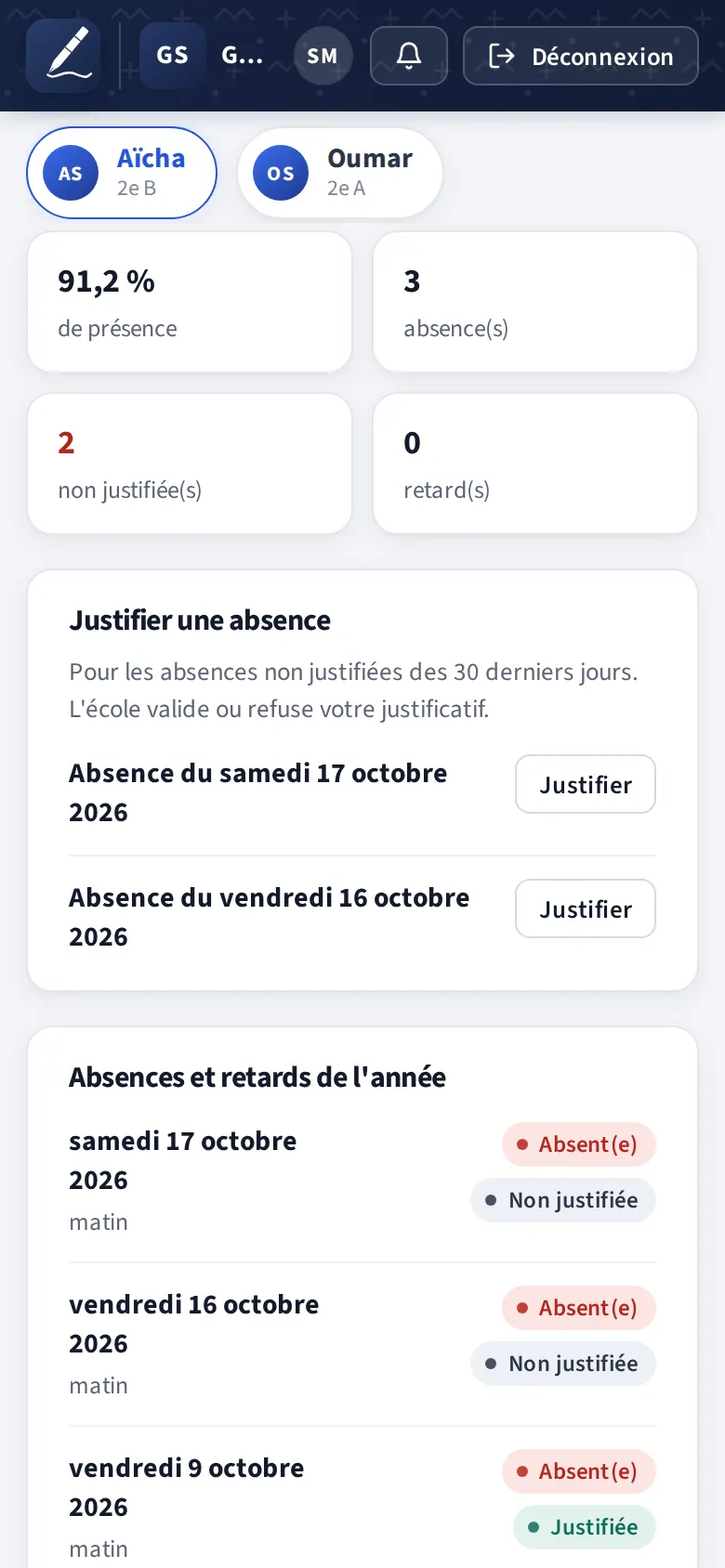 Onglet Absences : liste des absences non justifiées avec le bouton « Justifier »