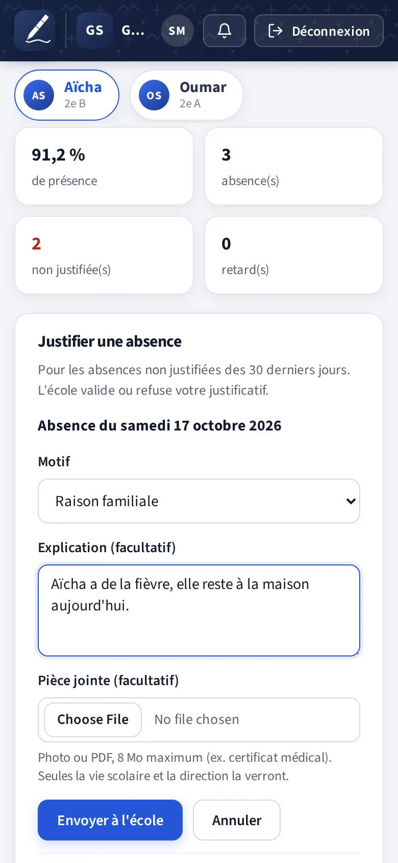 Formulaire de justificatif : motif, explication, pièce jointe facultative et bouton « Envoyer à l'école »