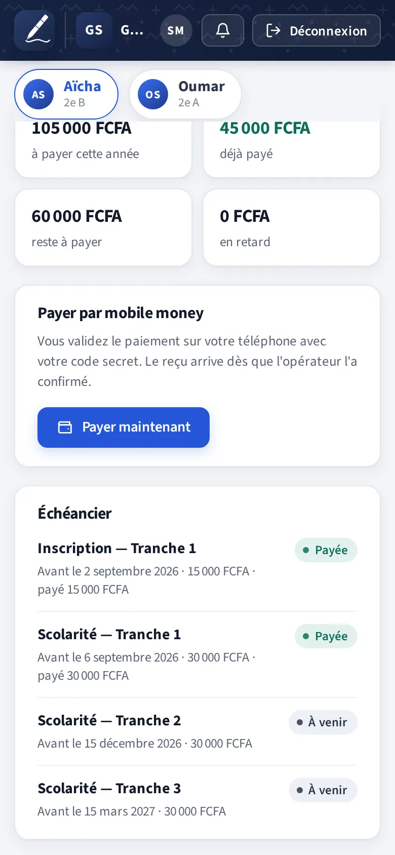 Onglet Paiements : reste à payer, échéancier et bouton « Payer maintenant »