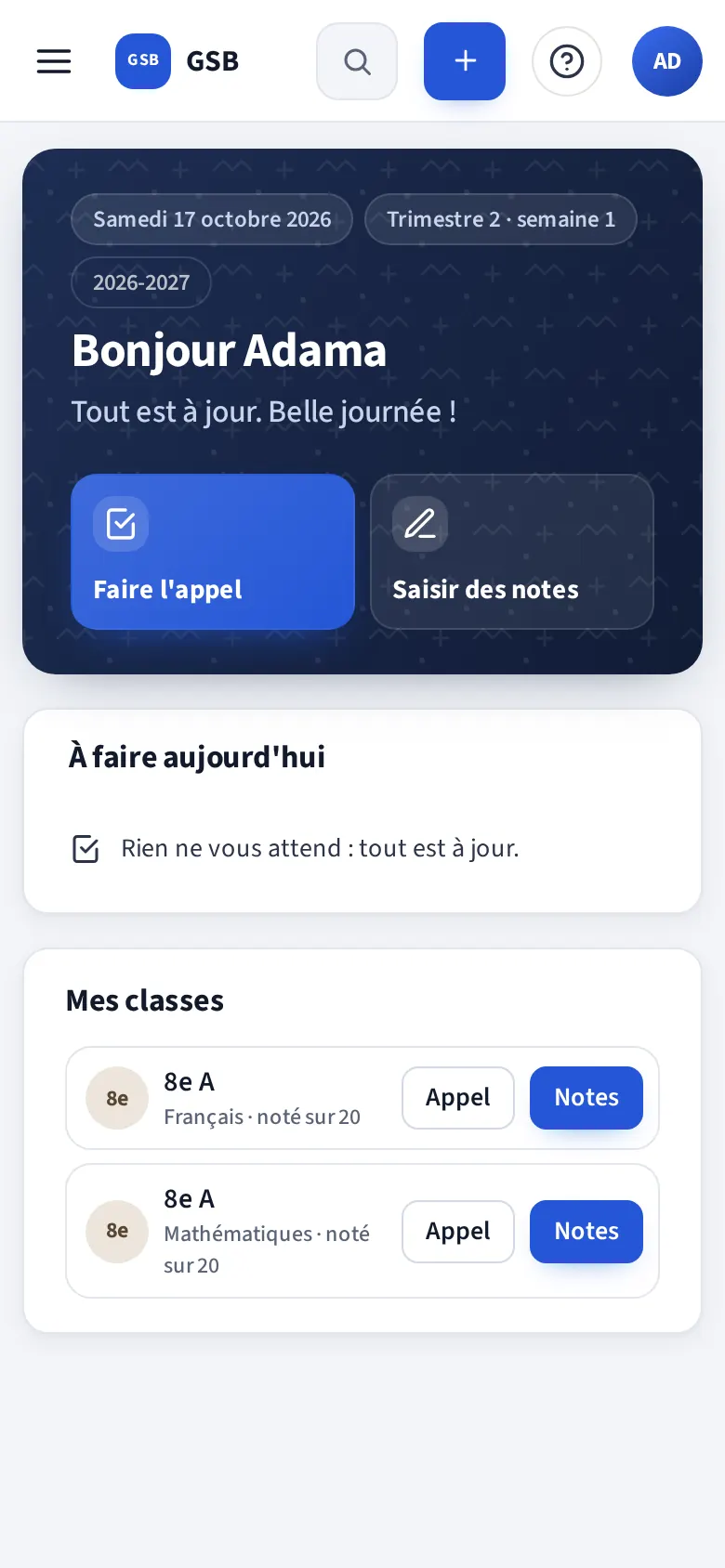 Accueil du professeur sur téléphone : boutons « Faire l'appel » et « Saisir des notes », liste de ses classes