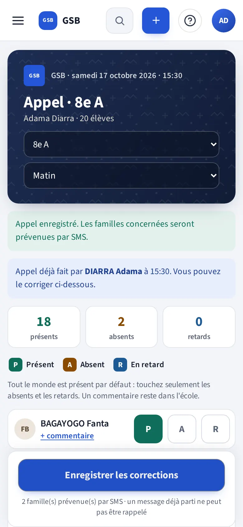 Message « Appel enregistré. Les familles concernées seront prévenues par SMS. »