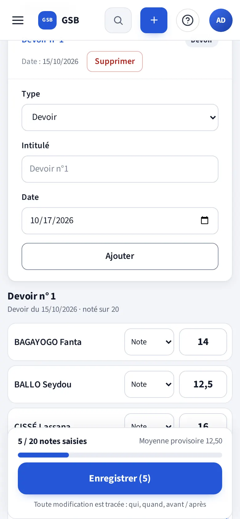 Saisie des notes du devoir n° 1 sur téléphone, avec la moyenne provisoire et le bouton « Enregistrer »